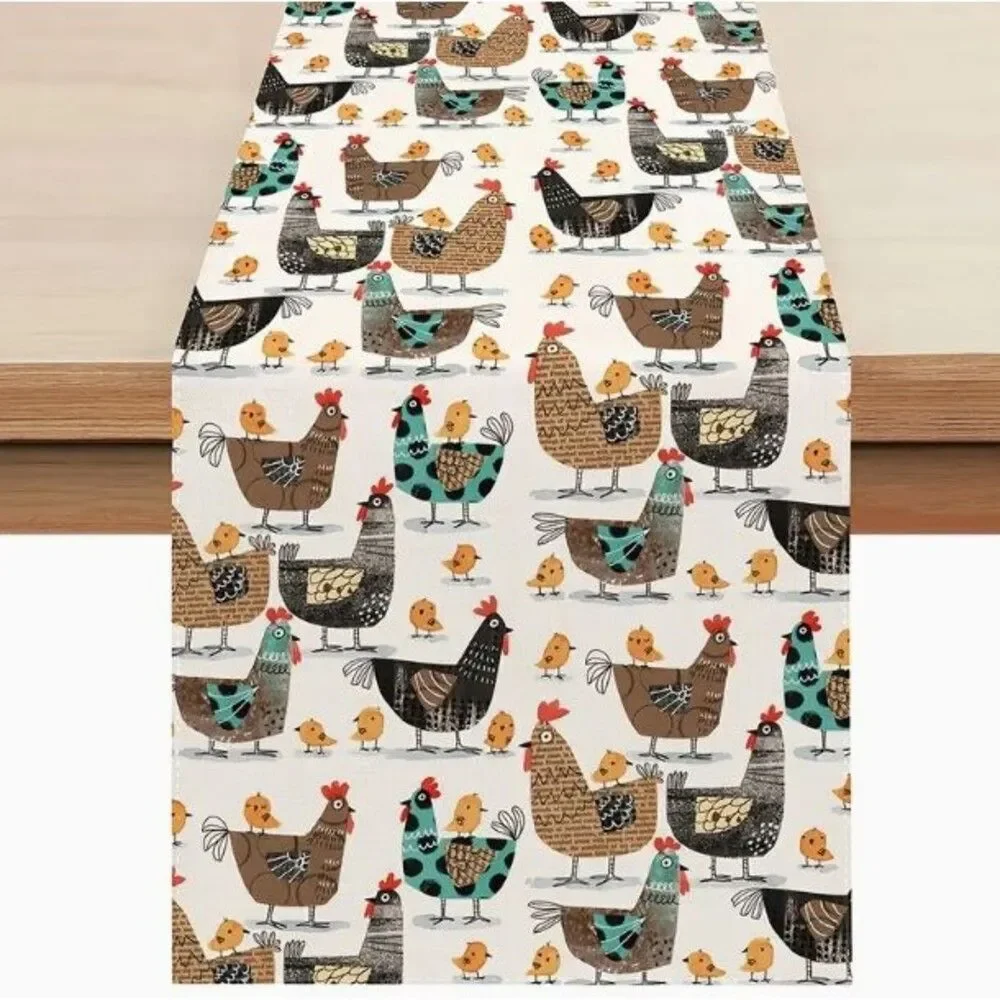Table Runner 13x90in Woven Polyester Chicken and Chicks Farmhouse Country
